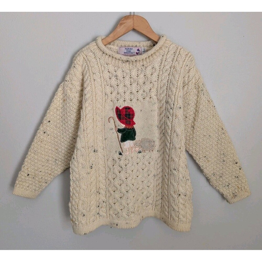 Vtg Highland Home Kids 100% Wool Sweater Scotland Girls 5 6 Sheep Cable Knit